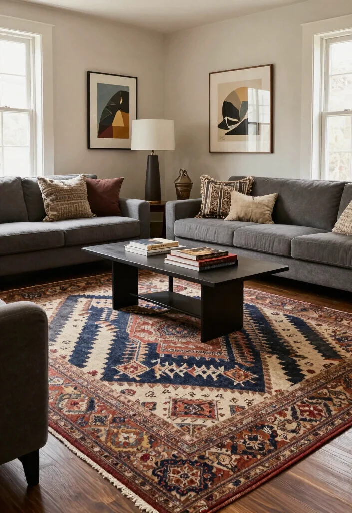 16 Double Rug Living Room Ideas That Layer Beautifully 27 16 Double Rug Living Room Ideas That Layer Beautifully - 7. Vintage Meets Modern 1