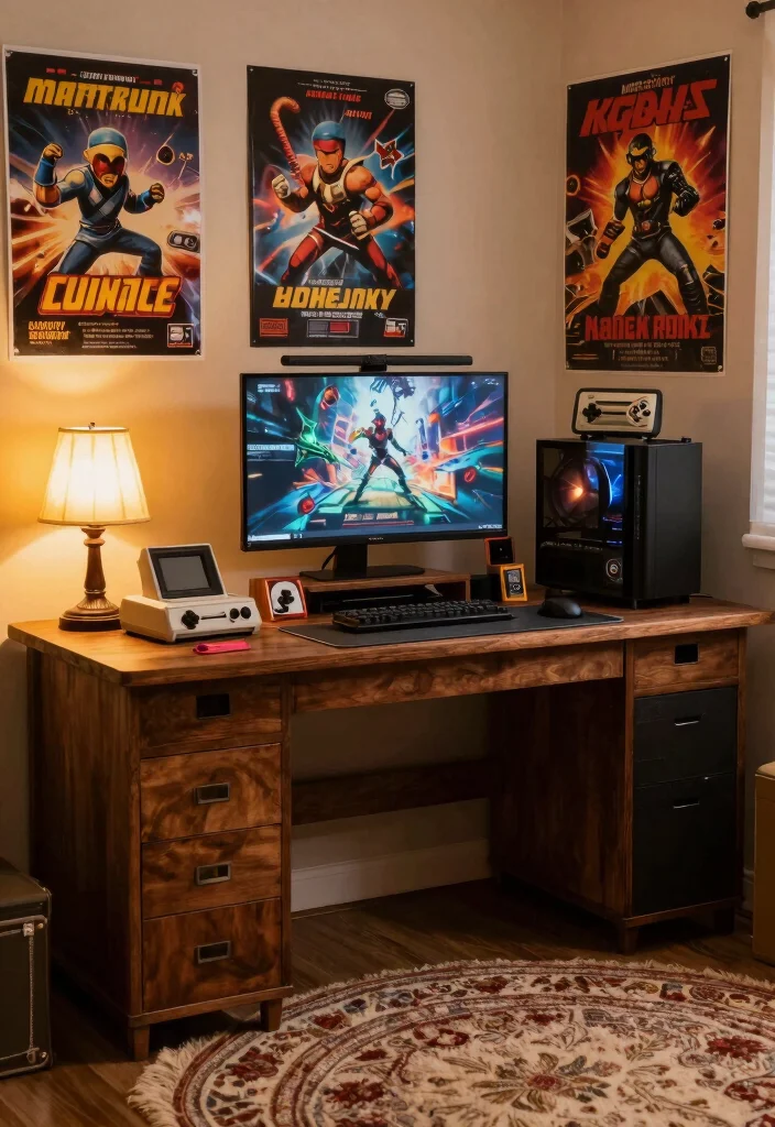 16 Gaming PC Desk Setup Ideas That Feel Powerful - 7. Vintage Gaming Vibe 1