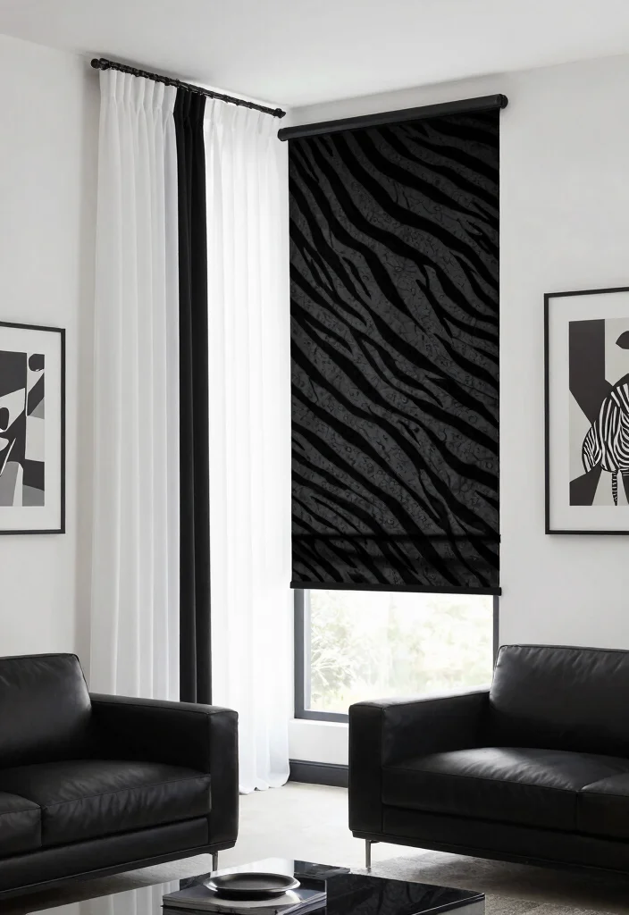 16 Zebra Blinds With Curtains Ideas That Feel Modern - 11. Dramatic Contrasts for Impact 1