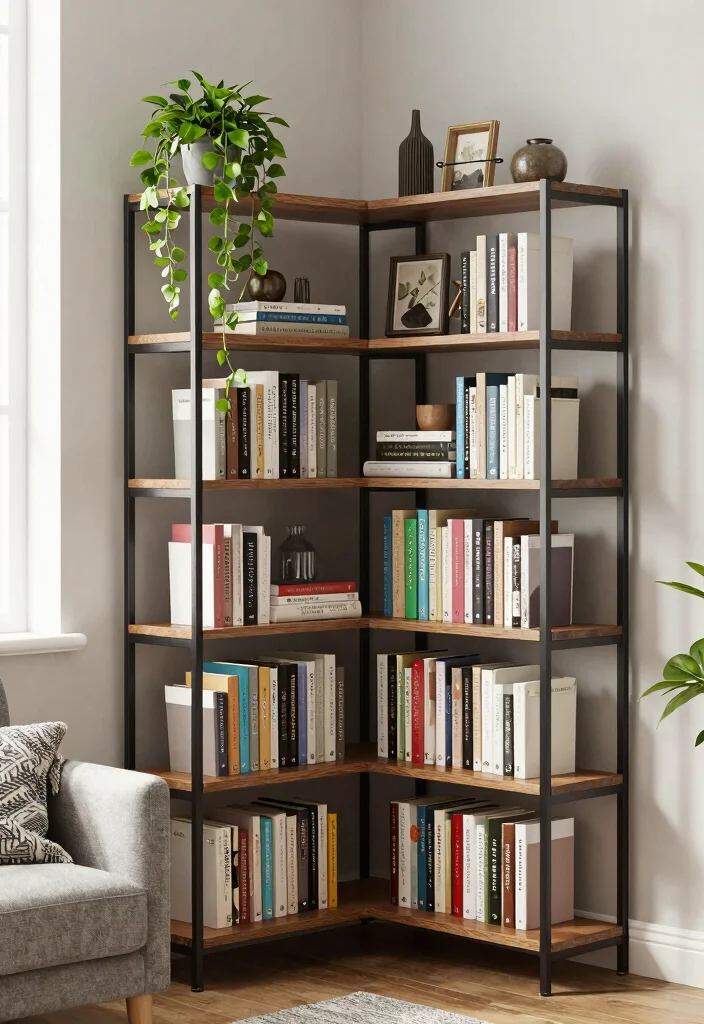 17 Corner Bookshelf Ideas Living Room Spaces Will Love 43 17 Corner Bookshelf Ideas Living Room Spaces Will Love - 13. Multi-Level Corner Bookshelf for Dynamic Display 1