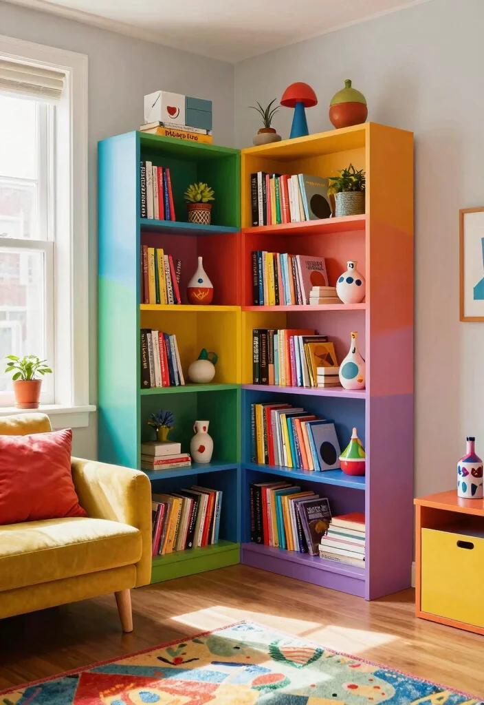 17 Corner Bookshelf Ideas Living Room Spaces Will Love 45 17 Corner Bookshelf Ideas Living Room Spaces Will Love - 15. Colorful Corner Bookshelf for a Fun Pop 1