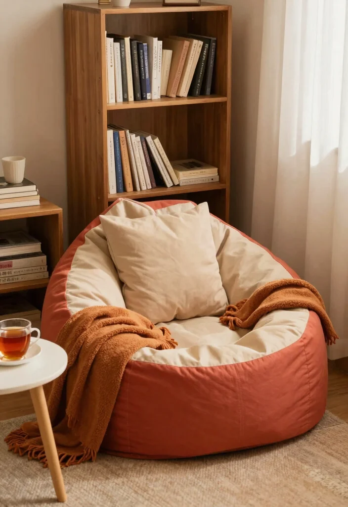 17 Corner Bookshelf Ideas Living Room Spaces Will Love 57 17 Corner Bookshelf Ideas Living Room Spaces Will Love - 17. Cozy Corner with Books and a Bean Bag 1