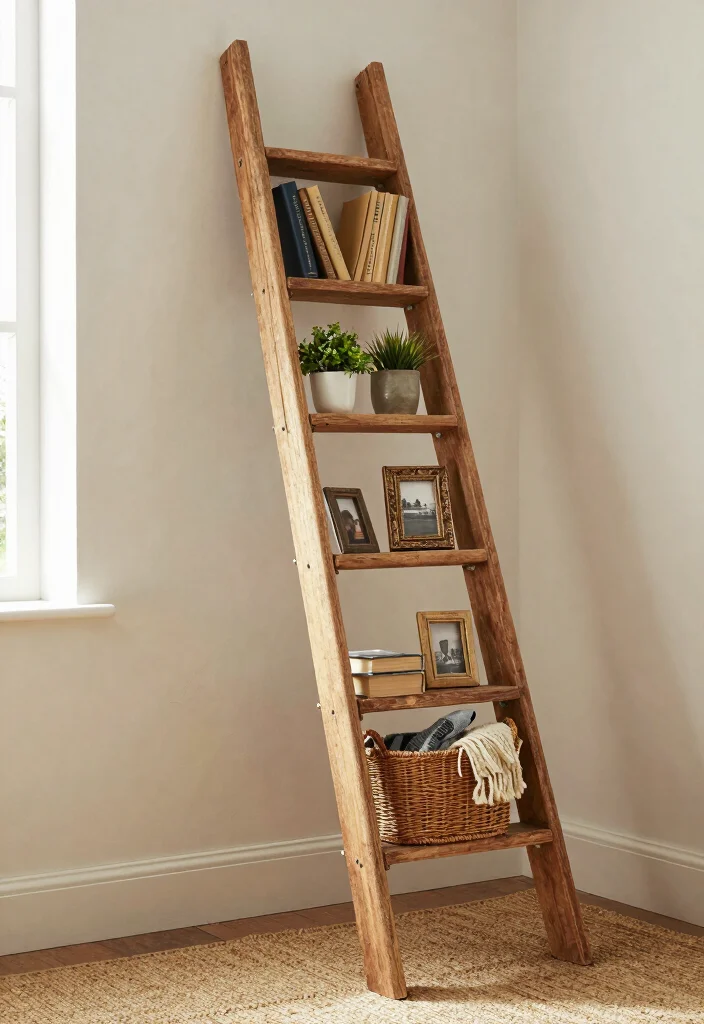 17 Corner Bookshelf Ideas Living Room Spaces Will Love 3 17 Corner Bookshelf Ideas Living Room Spaces Will Love - 3. Vintage Ladder for a Rustic Charm 1