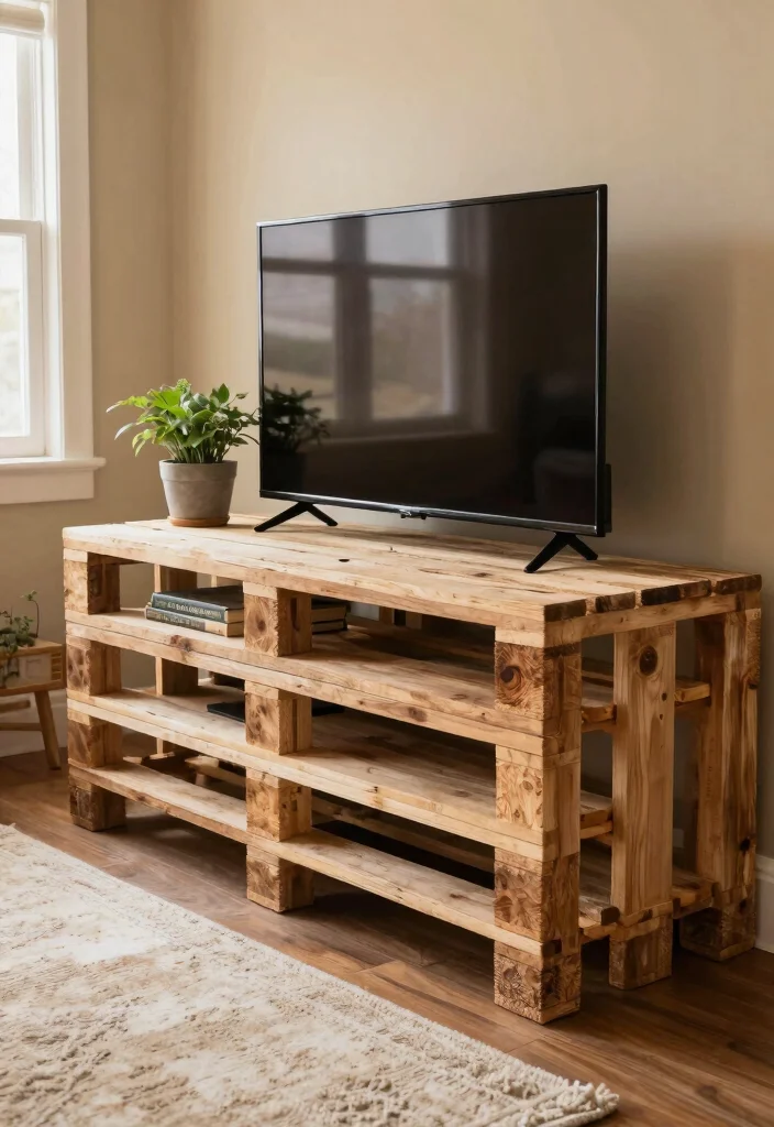 17 Homemade TV Stand Ideas That Look Custom Built 1 17 Homemade TV Stand Ideas That Look Custom Built - 1. Rustic Wooden Pallet Stand 1
