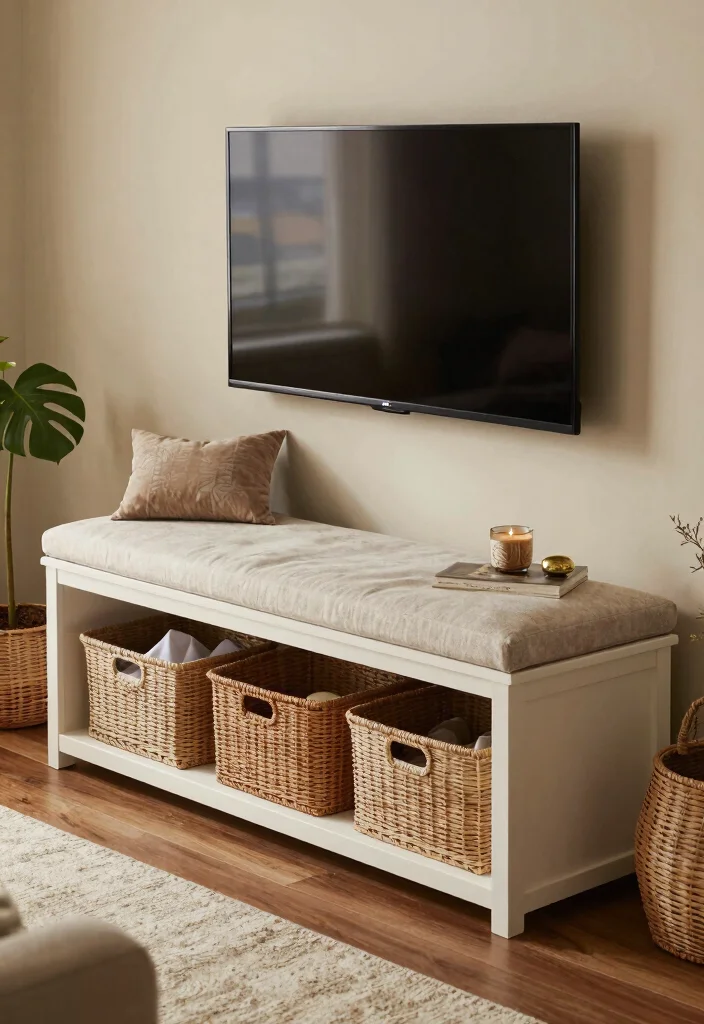 17 Homemade TV Stand Ideas That Look Custom Built 66 17 Homemade TV Stand Ideas That Look Custom Built - 16. Creative Storage Bench TV Stand 1