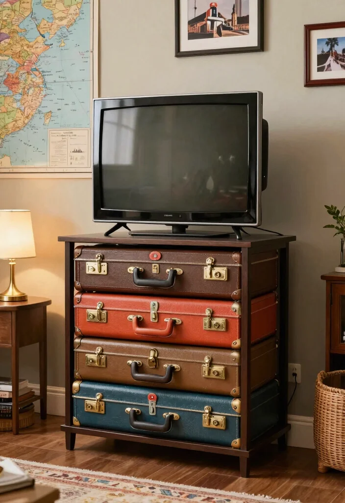 17 Homemade TV Stand Ideas That Look Custom Built 2 17 Homemade TV Stand Ideas That Look Custom Built - 2. Vintage Suitcase Stand 1