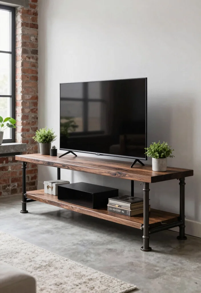 17 Homemade TV Stand Ideas That Look Custom Built 3 17 Homemade TV Stand Ideas That Look Custom Built - 3. Industrial Pipe Stand 1