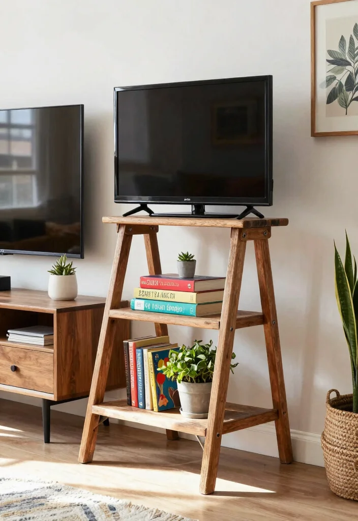 17 Homemade TV Stand Ideas That Look Custom Built 14 17 Homemade TV Stand Ideas That Look Custom Built - 4. Ladder Stand 1