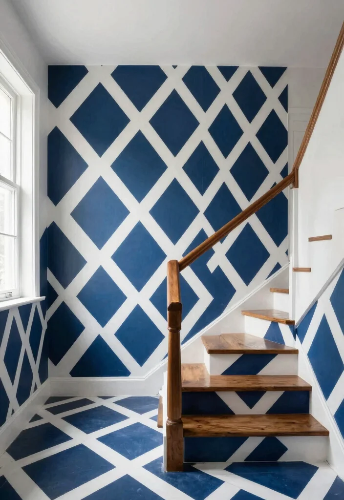 17 Wallpaper on Stairs Wall Ideas With Bold Impact - 1. Striking Geometric Patterns 1