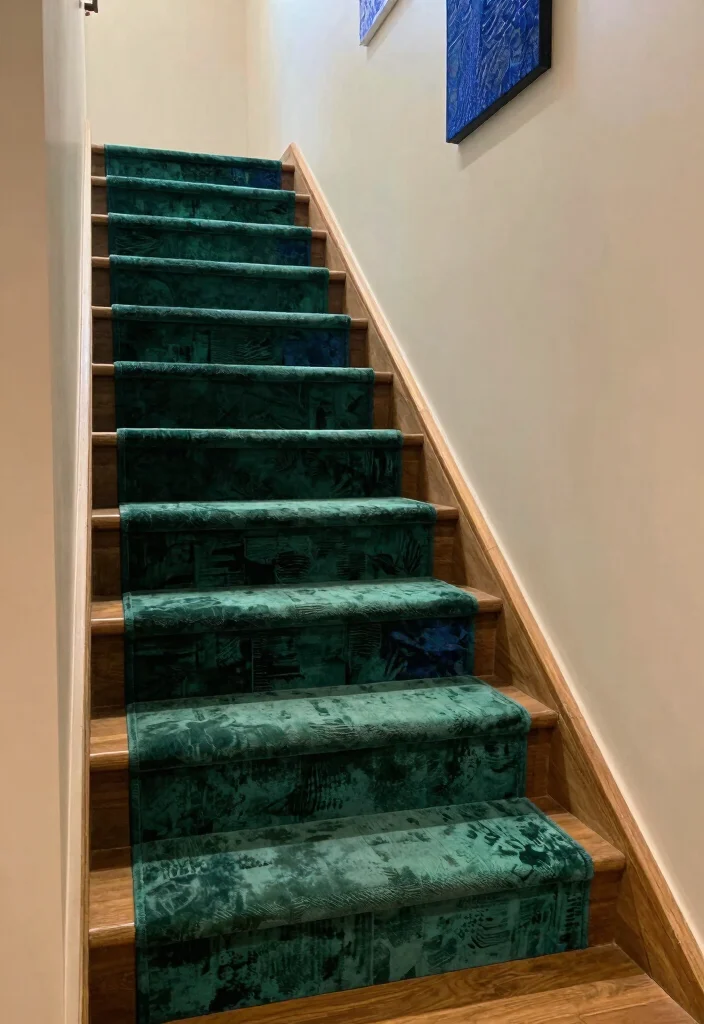 17 Wallpaper on Stairs Wall Ideas With Bold Impact - 12. Artistic Textiles 1