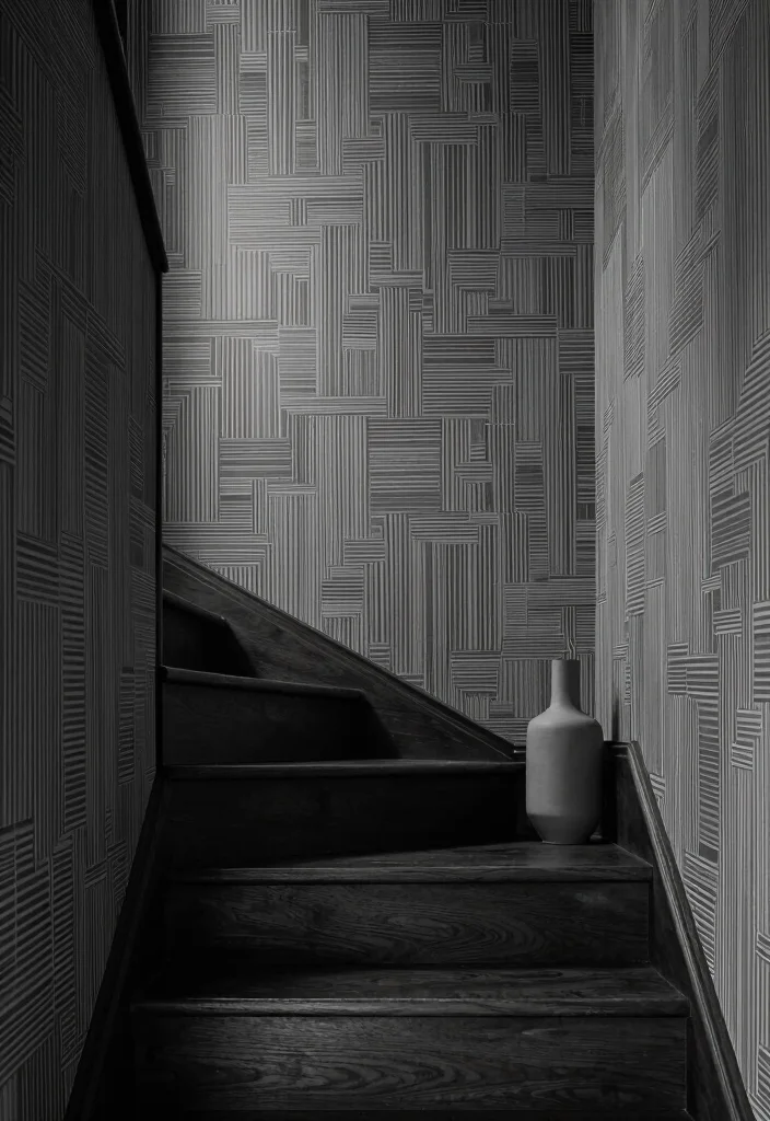 17 Wallpaper on Stairs Wall Ideas With Bold Impact - 14. Monochrome Magic 1