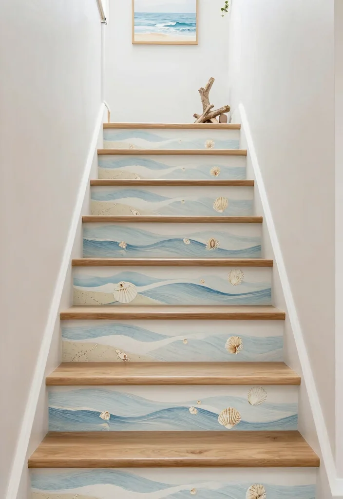 17 Wallpaper on Stairs Wall Ideas With Bold Impact - 15. Coastal-Inspired Designs 1