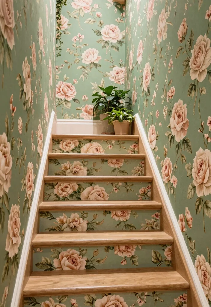 17 Wallpaper on Stairs Wall Ideas With Bold Impact - 2. Classic Floral Elegance 1