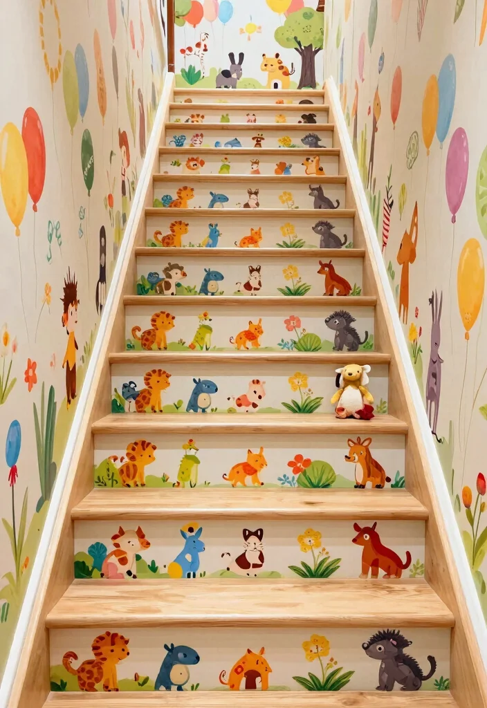 17 Wallpaper on Stairs Wall Ideas With Bold Impact - 6. Whimsical Patterns for a Fun Vibe 1