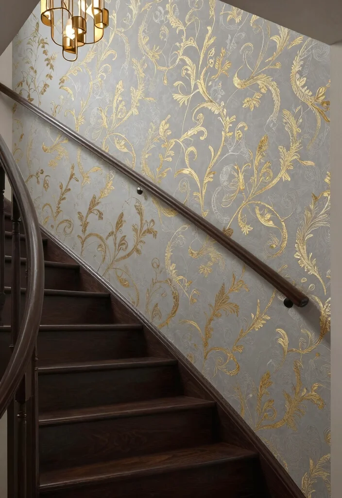 17 Wallpaper on Stairs Wall Ideas With Bold Impact - 9. Metallic Accents for Glamour 1