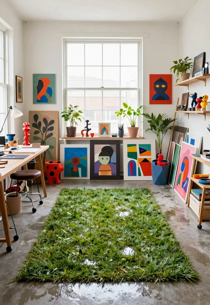 17 Wet Grass Rug Ideas With Fresh Natural Texture - 11. Artistic Spaces with Wet Grass Rugs 1