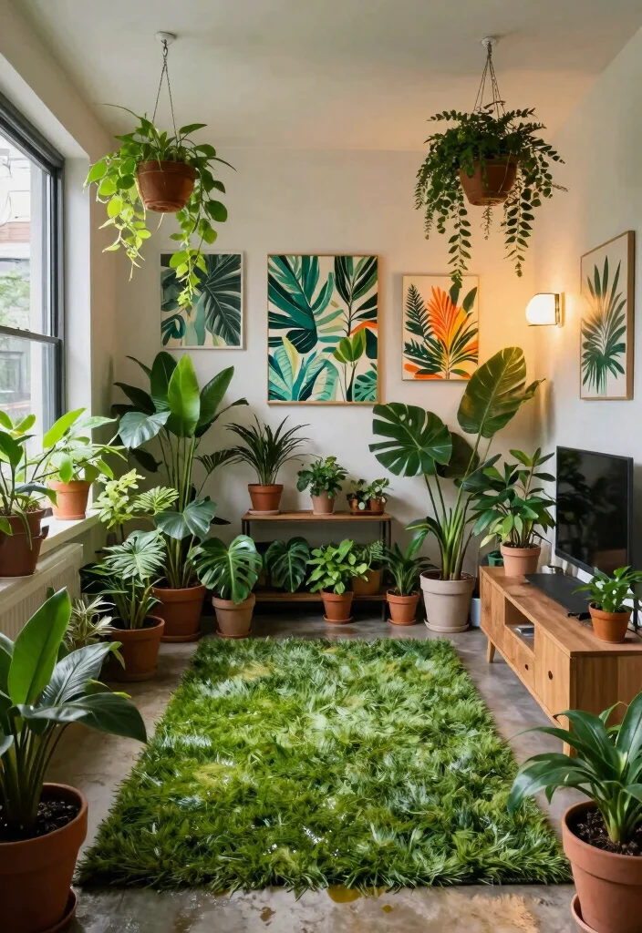 17 Wet Grass Rug Ideas With Fresh Natural Texture - 2. Urban Jungle Vibes with Indoor Wet Grass Rugs 1