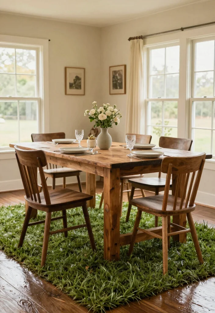 17 Wet Grass Rug Ideas With Fresh Natural Texture - 9. Farm-to-Table Dining Spaces with Wet Grass Rugs 1