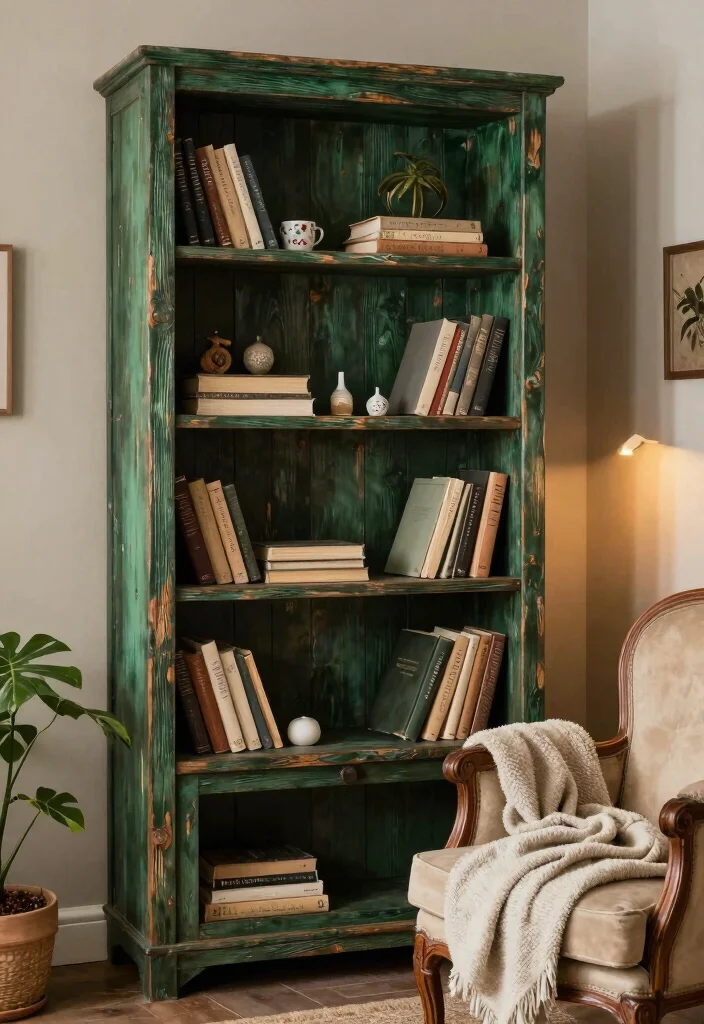 18 Dark Green Bookshelf Ideas With Bold Character - 1. The Rustic Charm of Reclaimed Wood 1