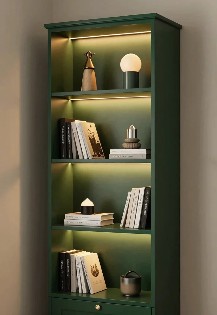 18 Dark Green Bookshelf Ideas With Bold Character - 10. Statement Lighting 1