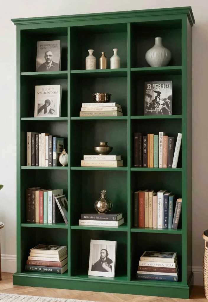 18 Dark Green Bookshelf Ideas With Bold Character - 14. Creative Book Arrangement 1
