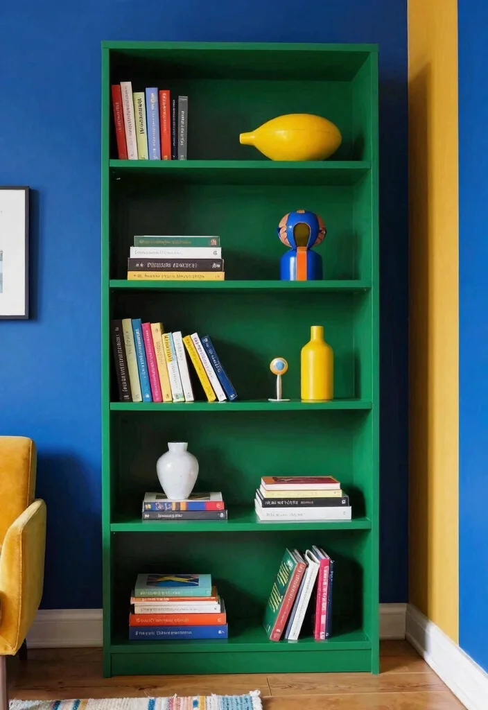 18 Dark Green Bookshelf Ideas With Bold Character - 15. Bold Color Combinations 1