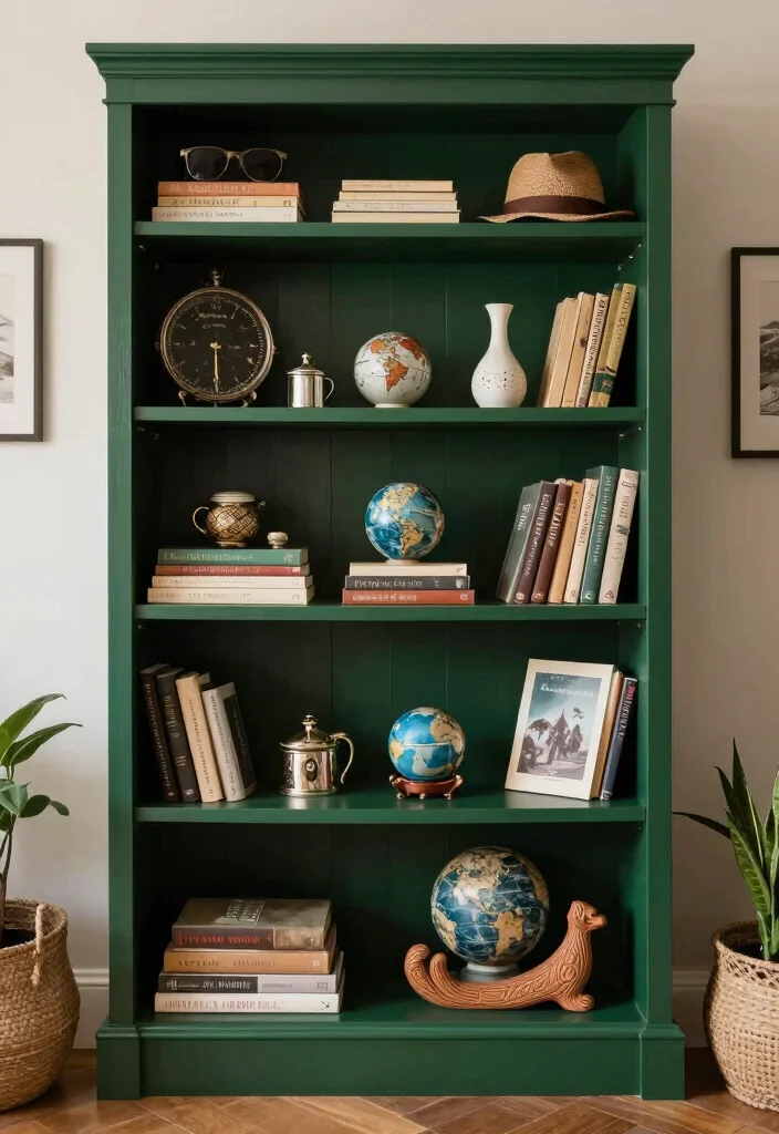 18 Dark Green Bookshelf Ideas With Bold Character - 16. Themed Decor 1