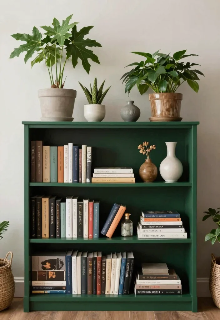 18 Dark Green Bookshelf Ideas With Bold Character - 17. Layering with Different Heights 1