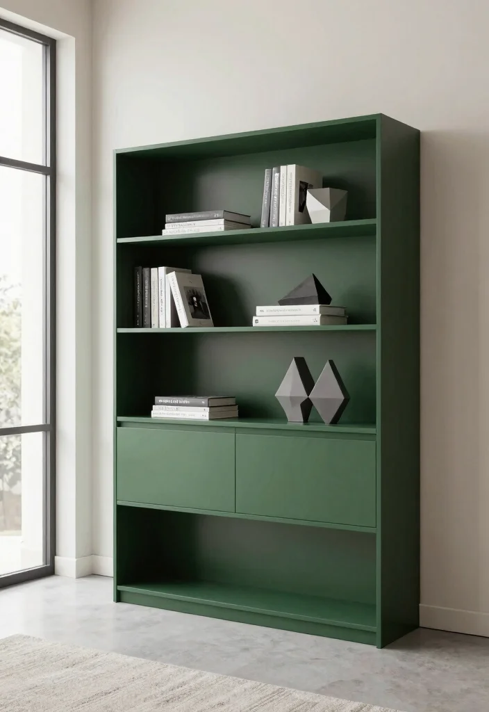 18 Dark Green Bookshelf Ideas With Bold Character - 2. Contemporary Minimalism 1