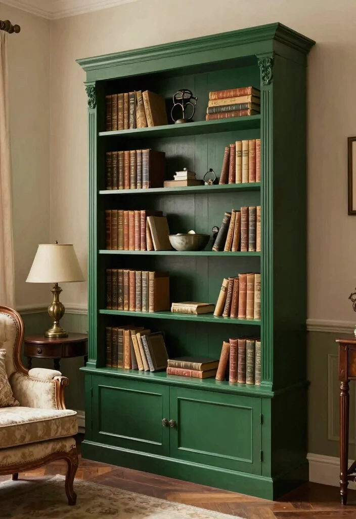 18 Dark Green Bookshelf Ideas With Bold Character - 3. Vintage Vibes with Dark Green 1