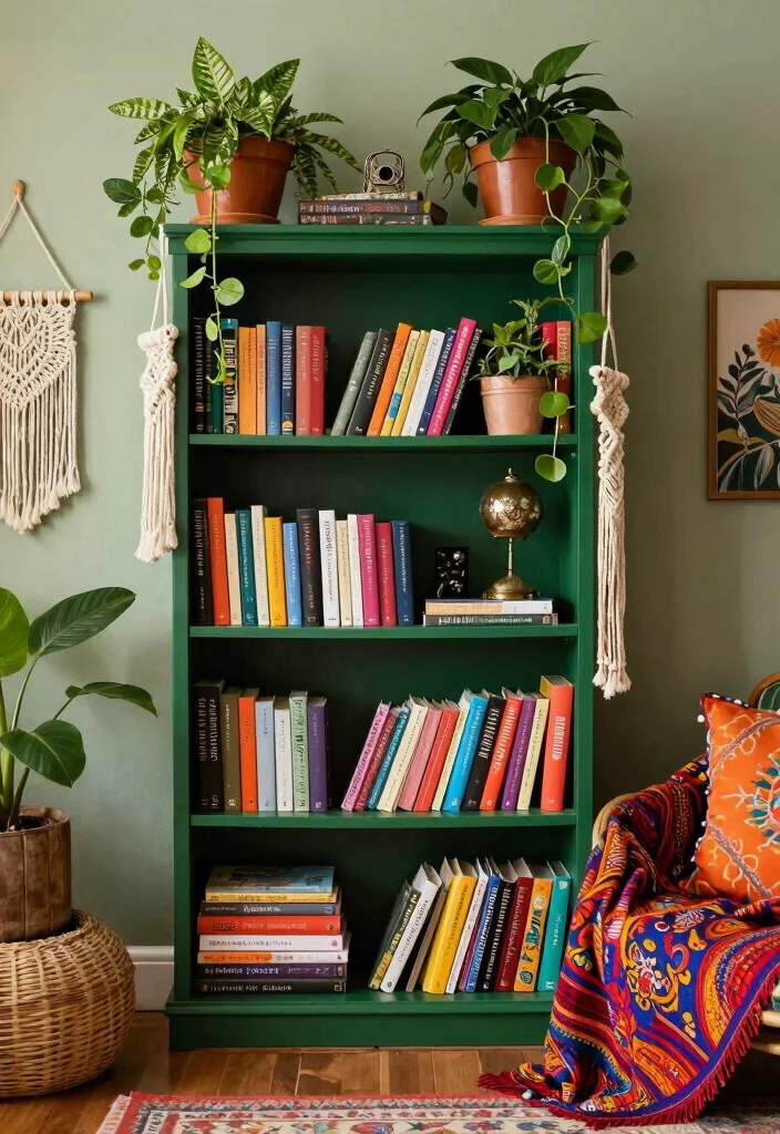 18 Dark Green Bookshelf Ideas With Bold Character - 5. Eclectic Bohemian Style 1