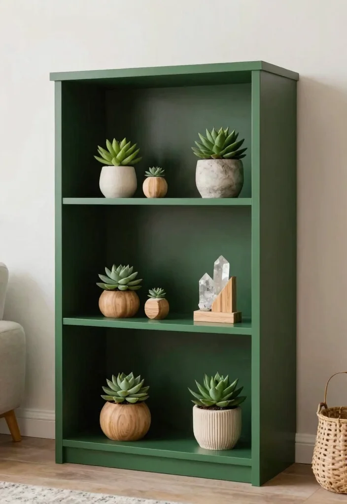 18 Dark Green Bookshelf Ideas With Bold Character - 6. Nature-Inspired Accents 1
