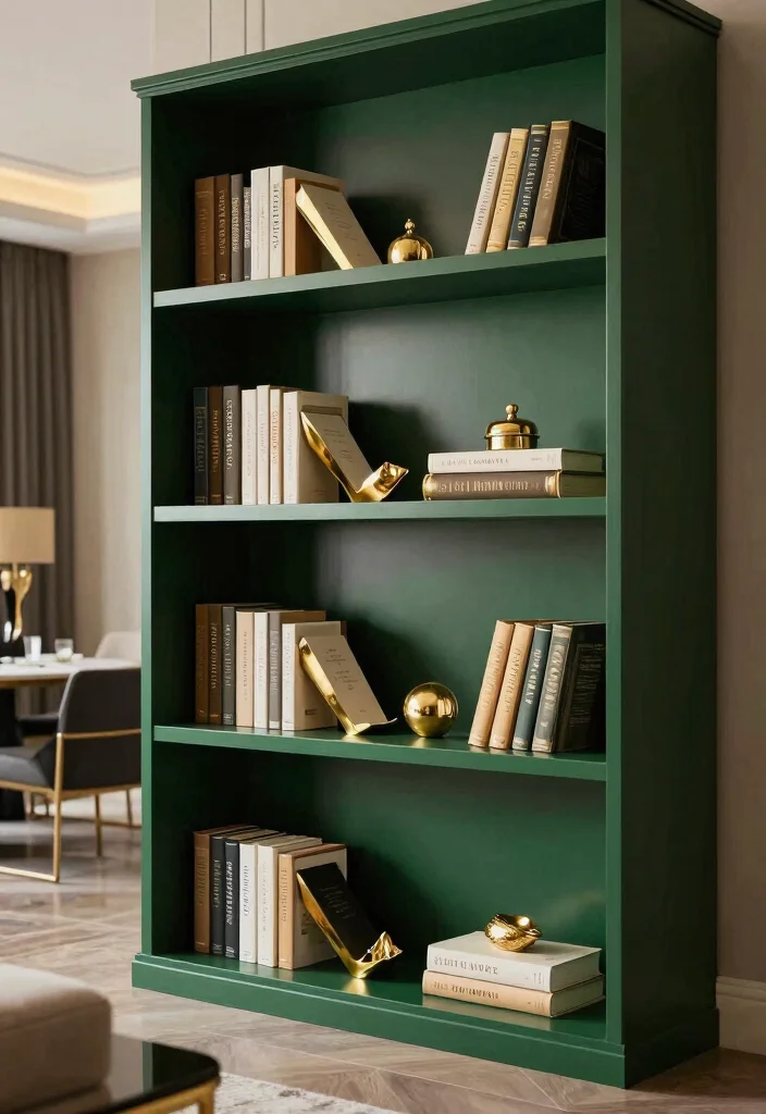 18 Dark Green Bookshelf Ideas With Bold Character - 7. Dark Green with Gold Accents 1