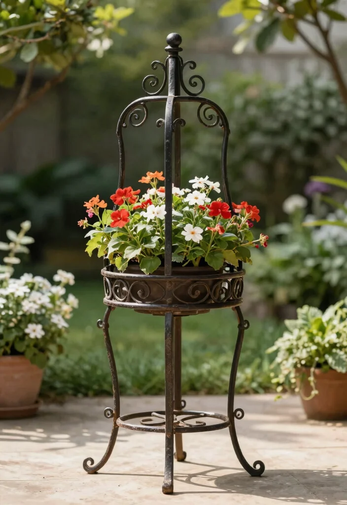 18 Outdoor Plant Stand Ideas That Elevate Your Greenery 54 18 Outdoor Plant Stand Ideas That Elevate Your Greenery - 14. Decorative Wrought Iron Stand 1