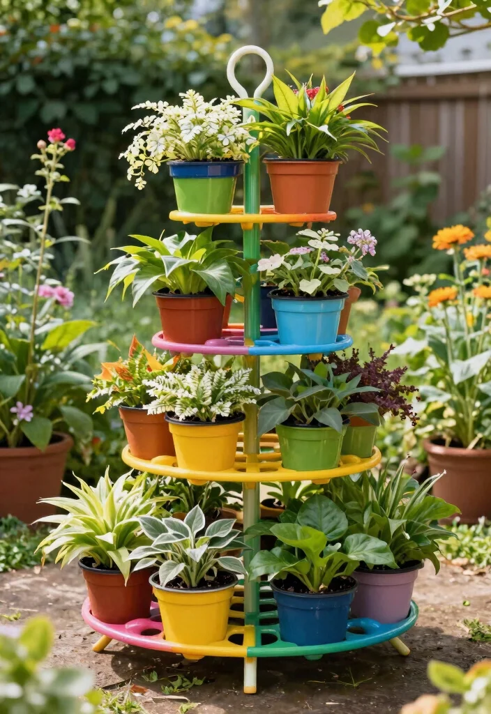 18 Outdoor Plant Stand Ideas That Elevate Your Greenery 55 18 Outdoor Plant Stand Ideas That Elevate Your Greenery - 15. Colorful Pot Rack Plant Stand 1