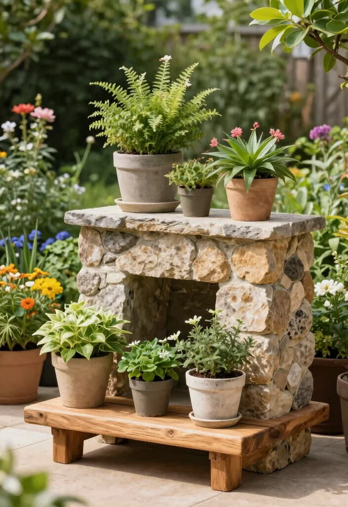 18 Outdoor Plant Stand Ideas That Elevate Your Greenery 27 18 Outdoor Plant Stand Ideas That Elevate Your Greenery - 7. Stone and Wood Combination Stand 1