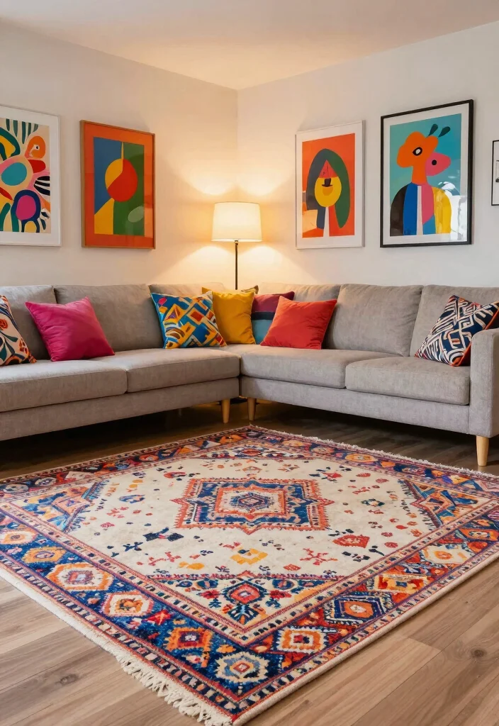 18 Rug on Rug Ideas That Look Designer Styled 15 18 Rug on Rug Ideas That Look Designer Styled - 5. Incorporate Colorful Accents 1