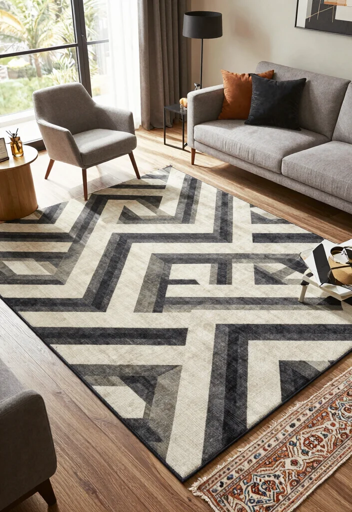 18 Rug on Rug Ideas That Look Designer Styled 26 18 Rug on Rug Ideas That Look Designer Styled - 6. Play with Geometry 1