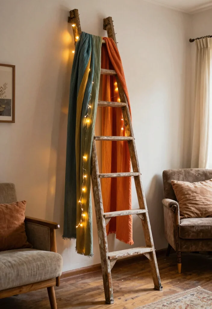 18 Ways to Hang Curtains Ideas That Look Creative 54 18 Ways to Hang Curtains Ideas That Look Creative - 14. Vintage Ladder as a Curtain Display 1