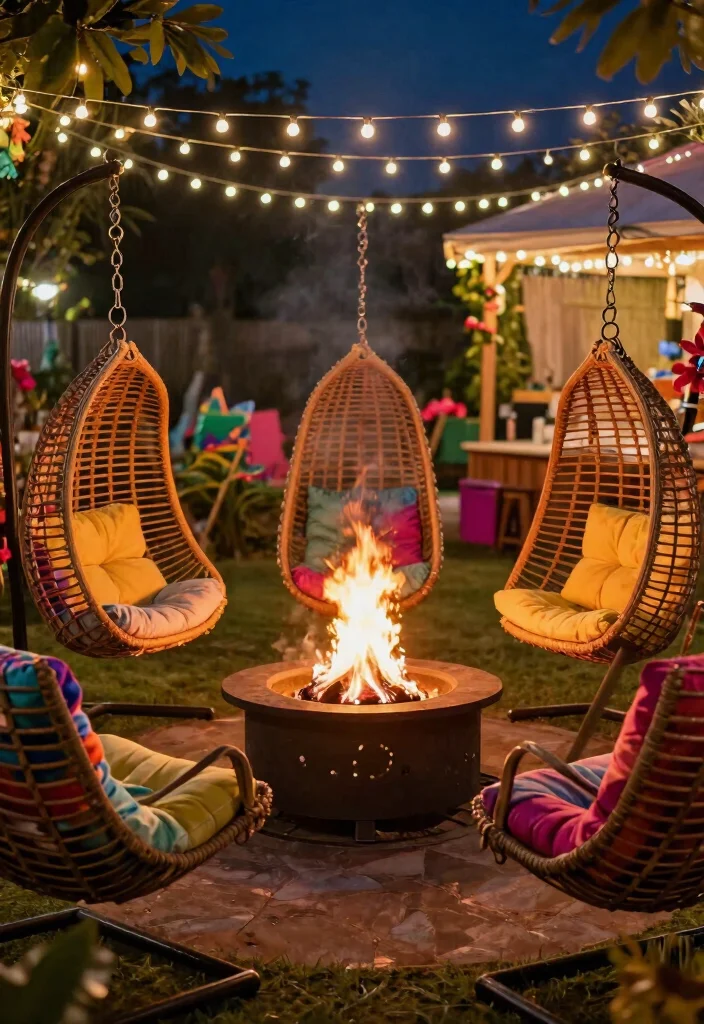 12 Backyard Fire Pit Ideas Lounge Areas for Small Yards - 11. Fire Pit with Hanging Chairs 1