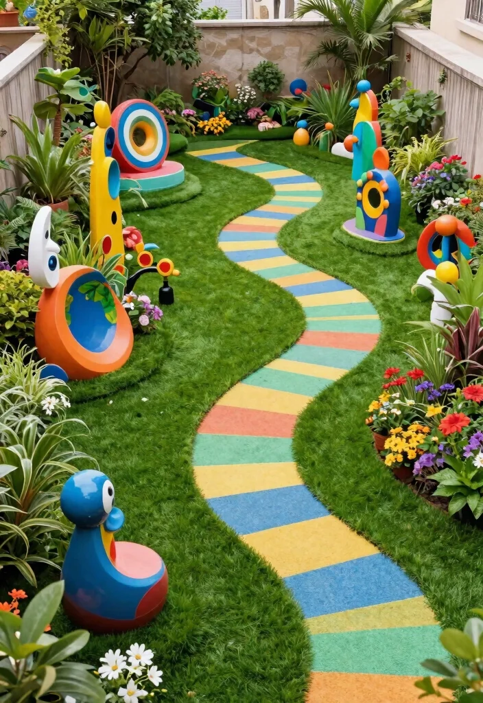 12 Fake Grass Backyard Ideas That Look Real and Stay Green - 12. Landscape with Art 1