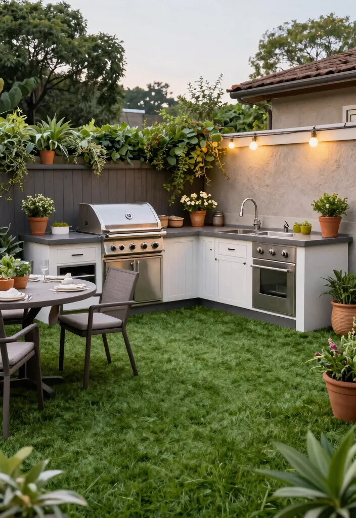 12 Fake Grass Backyard Ideas That Look Real and Stay Green - 9. Outdoor Kitchen Delight 1