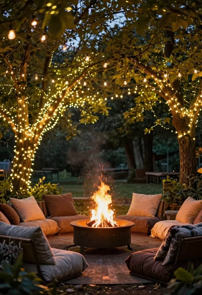 12 Fire Pit Lighting Ideas That Stay Lit After Dark - 6. Hanging Fairy Lights 1