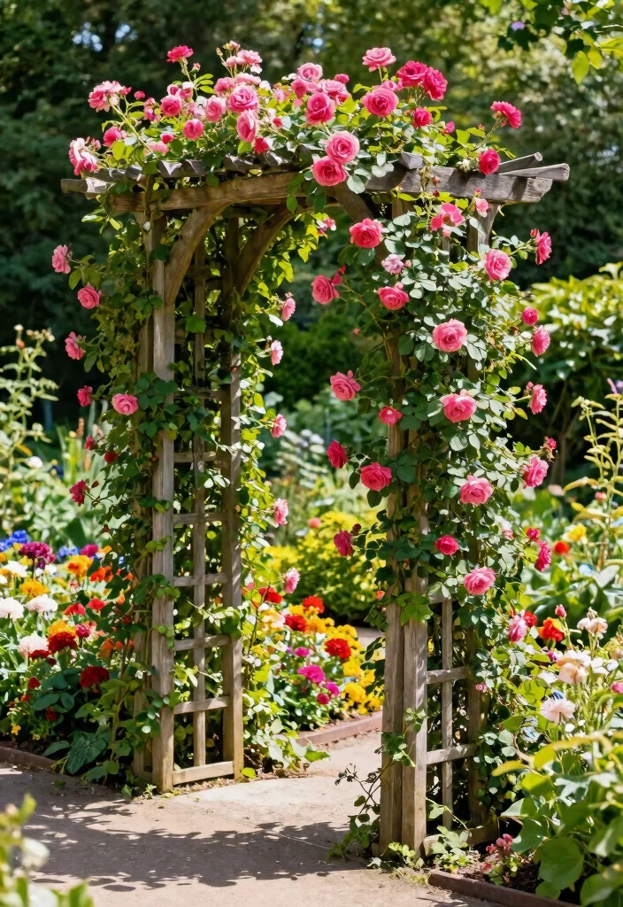 12 Outdoor Flower Stand Ideas That Display Plants at Every Height - 11. Garden Trellis Flower Displays 1