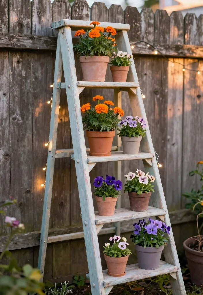 12 Outdoor Flower Stand Ideas That Display Plants at Every Height - 2. Ladder Flower Stands 1