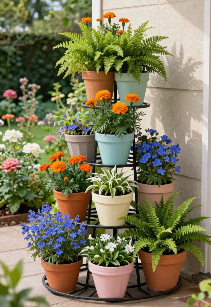 12 Outdoor Flower Stand Ideas That Display Plants at Every Height - 6. Tiered Pot Rack 1
