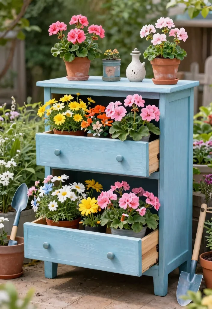 12 Outdoor Flower Stand Ideas That Display Plants at Every Height - 7. Upcycled Furniture Planters 1