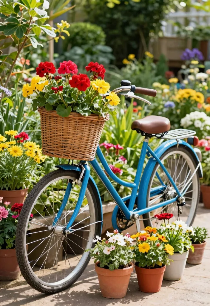 12 Outdoor Flower Stand Ideas That Display Plants at Every Height - 8. Colorful Bicycle Stands 1