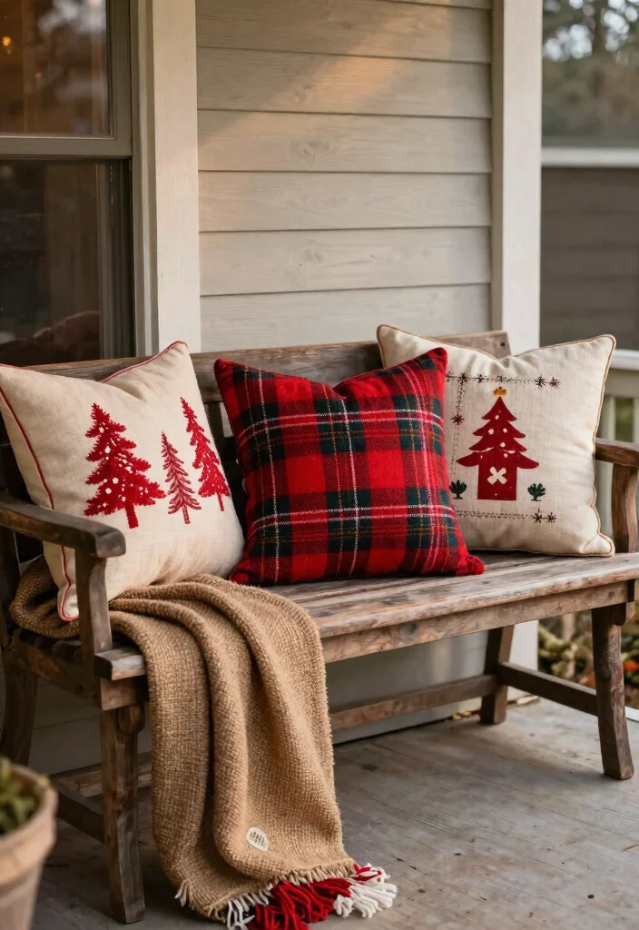 12 Rustic Christmas Porch Decorating Ideas on a Budget - 9. Festive Pillows and Throws 1