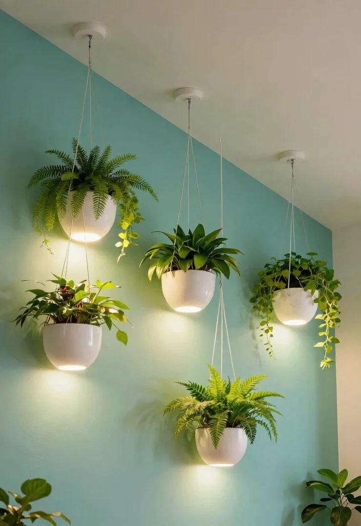 12 Sloped Ceiling Lighting Ideas That Brighten Every Corner - 10. Hanging Plants with Integrated Lighting 1